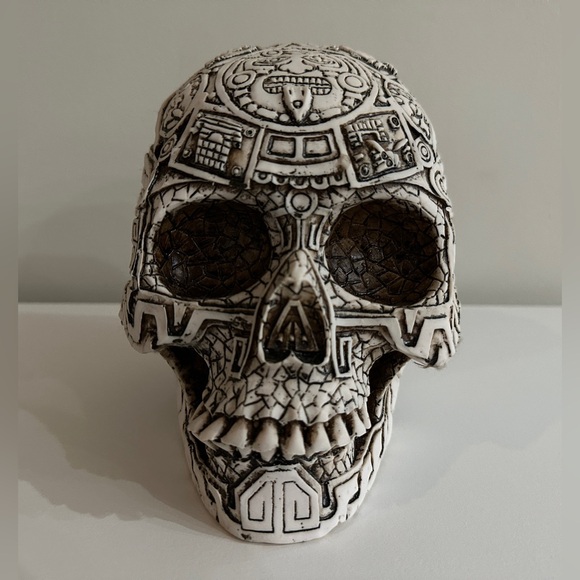 Aztec-Inspired Decorative Skull with Intricate Carvings Art Decor - Picture 1 of 7